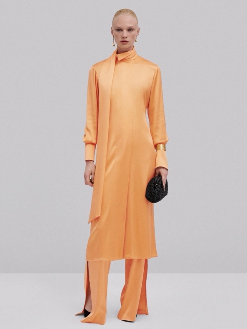 Massimo Dutti Studio Orange Satin Wrap Button Shirt Maxi Dress